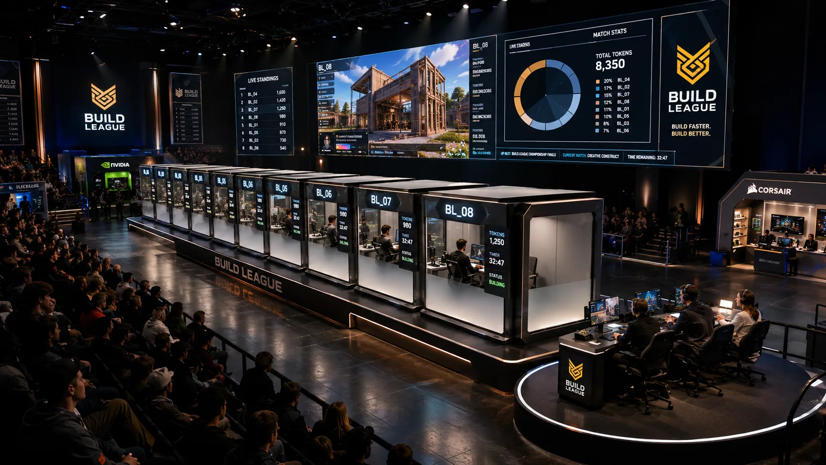 Championship arena with 8 builder pods and jumbotron