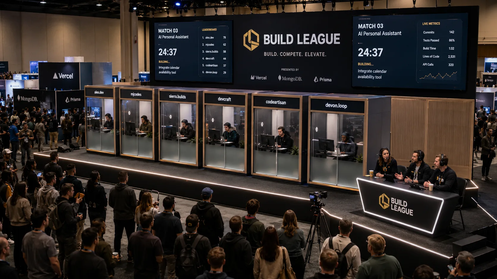 Six builder pods with commentary team
